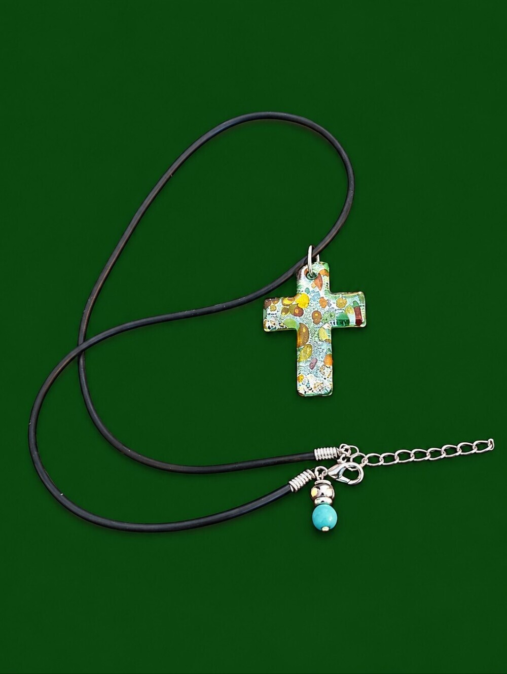 3/$30 Green Dichroic Glass Cross Rope Necklace
